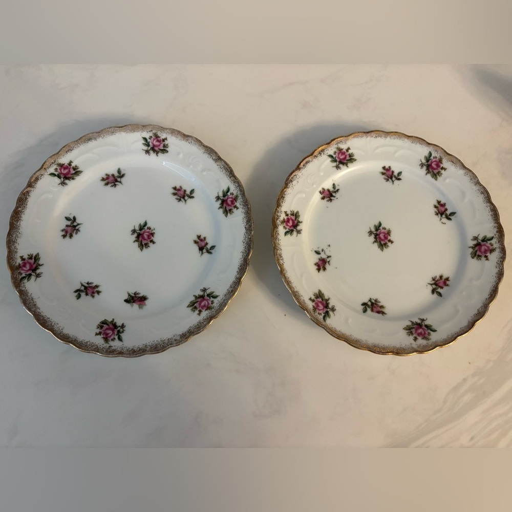 Vintage 2 JAPAN Pink ROSES Chintz Gold Gilt 7.5” Fine China Plates